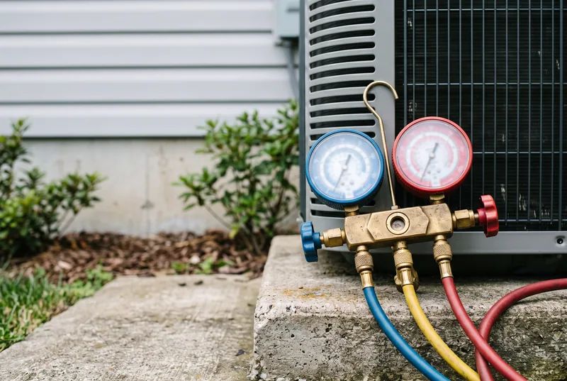 A refrigeration gauge set with blue and red gauges resting beside an outdoor air conditioning unit