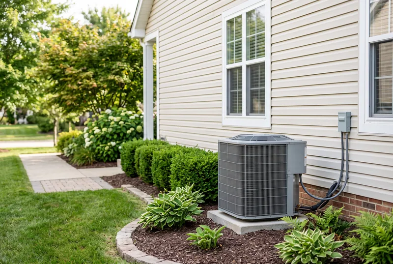 An outdoor air conditioning unit on a concrete pad beside a house with light siding and trimmed shrubs