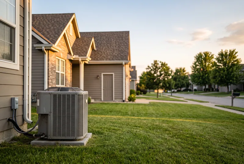 An outdoor air conditioning unit beside a suburban home at golden hour